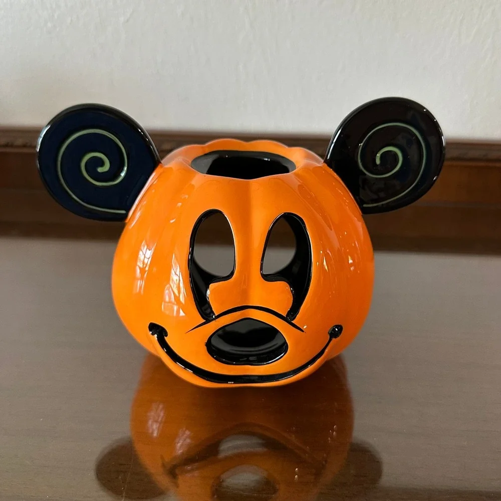 Disney Parks Mickey Mouse Pumpkin Halloween Votive Candle Holder Orange Ceramic